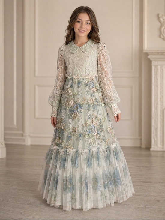 Other - Elegant Girl’s Sugar Pageant Sage, Blue, Gold Beaded Lace Dress 12-14